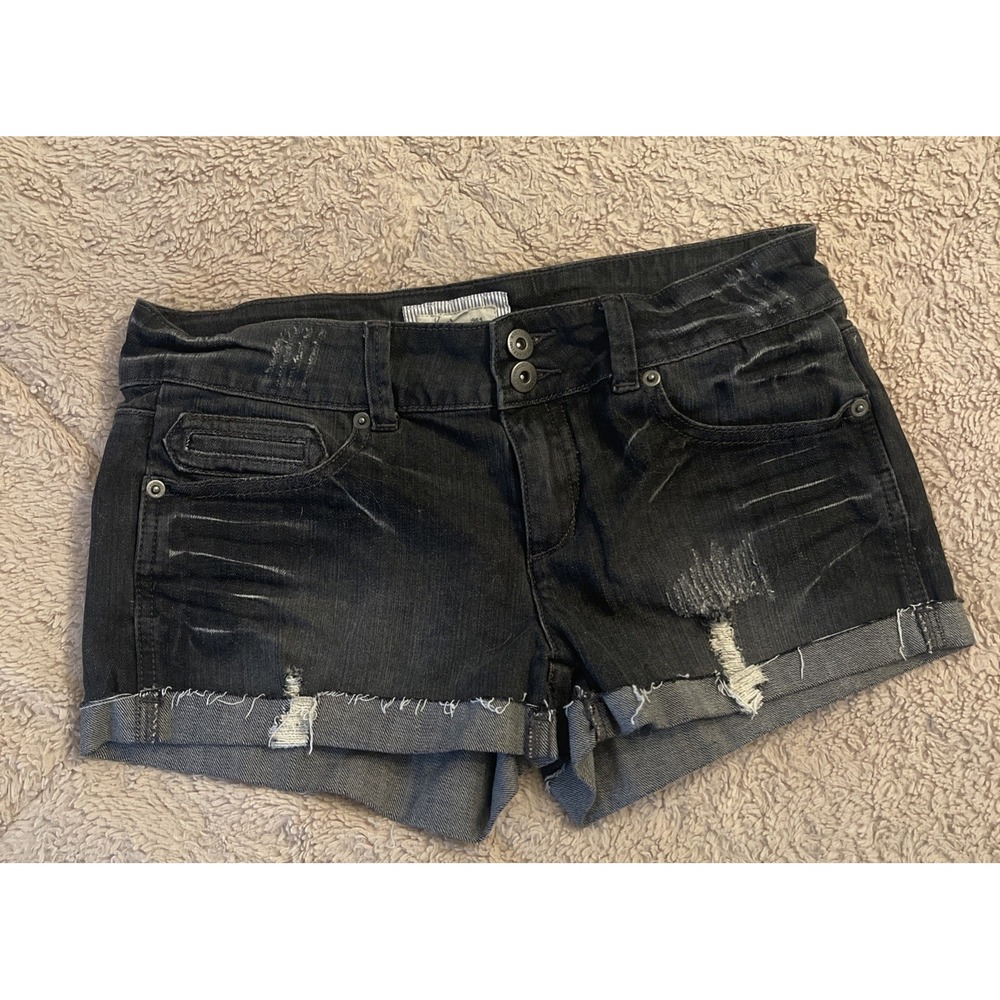 Heritage 1981 Womens Black Denim Shorts  Distressed Size 27 Cutoff Rolled Up